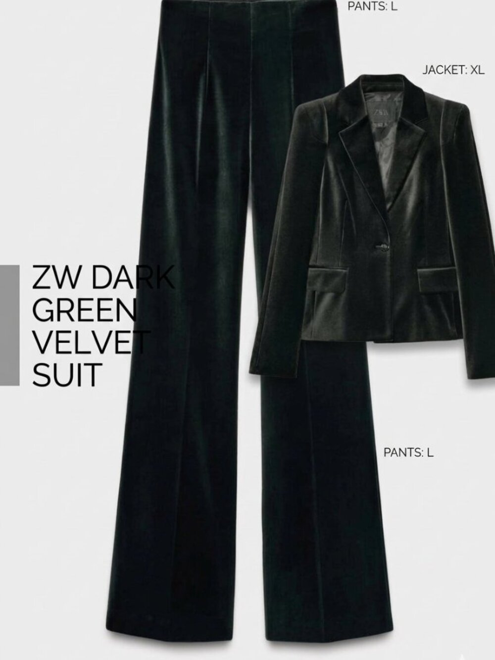 Zara ZW Collection Dark Green Velvet Suit Set - Blazer (XL) & Pants (Large)